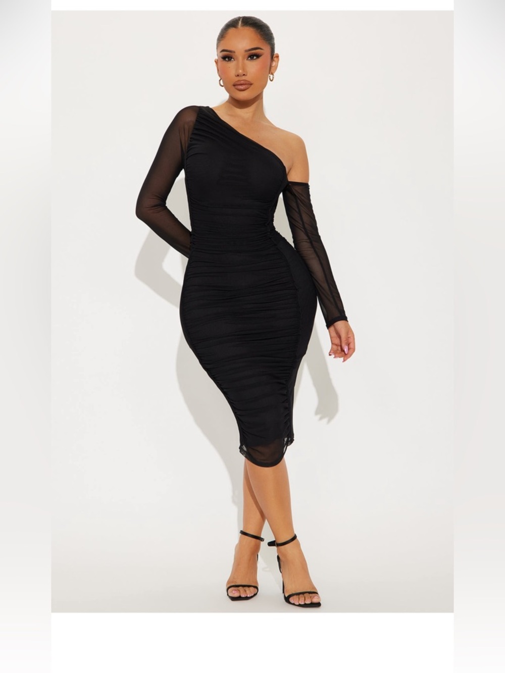 Fashion Nova Black One-Shoulder Mesh Sleeve Midi Dress